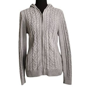 L.L. Bean Full Zip Hooded Sweater Cable Knit Cotton Gray Womens Size Small